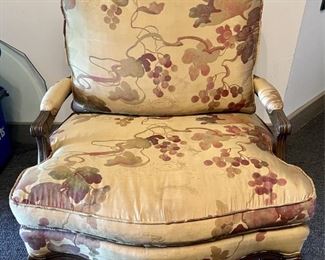 Antique Silk Print Gold, Red, & Green Tone Stuffed Arm Chair 