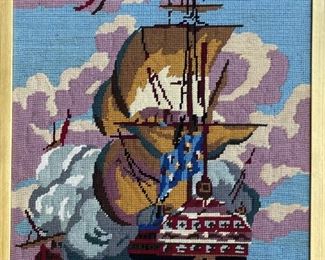 Colorful Ship Cross Stitch In Gold Frame By Zoulls 