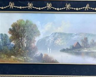 1905 Mountain Landscape Pastel In Antique Gold Metal Embellished Frame By Monchamp 