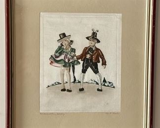 Vintage German Boy & Girl Silk Painting By Braun - Salsburg Germany 