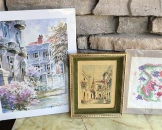 (3) Assorted Prints - Asian Hand Cut Paper Dragon, Josie Van Gent Edells, & Seville Moreno Watercolor