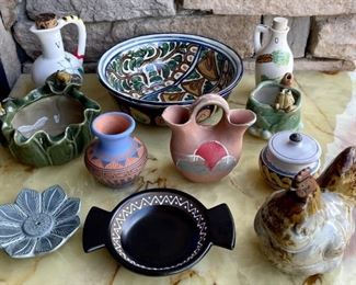 Small Vintage Pottery Lot Including Signed South Western, Candle Holders, Frogs, Bowls, & More 