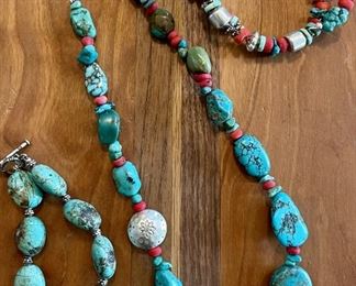Peyote Bird 925 Silver, Turquoise,  And Coral Necklace With (2) Bracelets, One Wrap And One Solid Turquoise