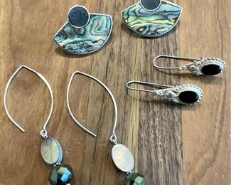 (3) Pairs Of Sterling Silver Earrings, Abalone, Bead & Abalone And Black Onyx And Silver Drops 