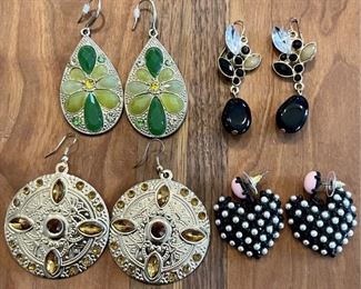 (4) Pairs Of Dangle Earrings, Green & Gold Ovals, Amber Rhinestones, Black Faux Pearl Hearts, Dangle Bead