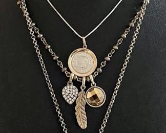 (3) Vintage Necklaces, (2) Gold Tone W 3 Pendants Each, (1) Sterling Silver Chain With 14K GF Coin, Earrings