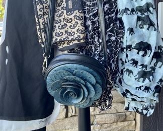 Faux Leather Floral Round Purse With A Jim Renoir Black & White Scarf, Robin Golluber, & More 