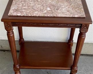 Carved Wood Side Table With Marble Inlay 