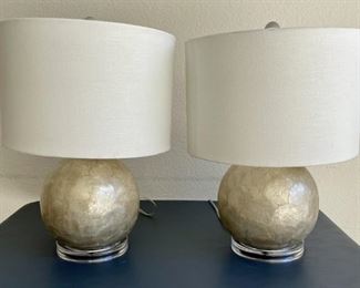 (2) Mother Of Pearl Style Sphere Based Lamps With White Material Shades 