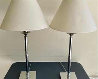 (2) Silver Tone Metal Lamps With Cream Material Shades 