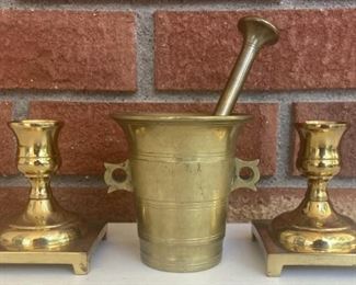 Vintage Brass Pestle & Mortar Marked "4" & Brass Candle Holder Set Made In England 