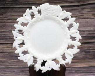 Antique White Milk Glass Patriotic Plate Adorned with Stars, Eagles, and American Flag