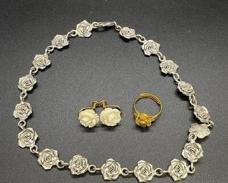 Flower ClipOn Earrings, Ring, and Necklace Set of Three