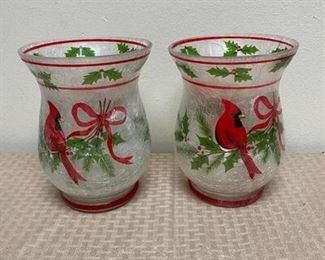Holiday Christmas Cardinal On Holly Painted Candle Holder Hurricane Lamps