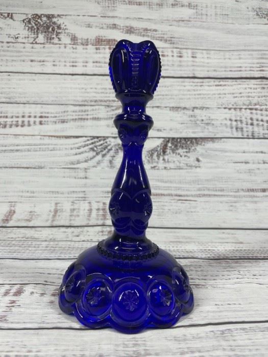LE Smith Dark Blue Cobalt Glass Moon Stars Candlestick Holder