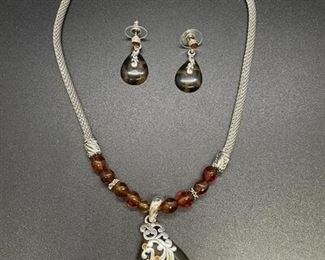 Matching Silvertone Tortoise Shell Necklace and Earring Set