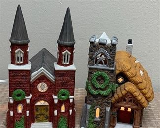 Pair of Dept 56 Light Up Christmas Holiday Church Buildings
