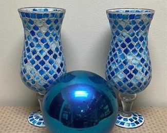 Pair of Mosaic Blue Hurricane Lamp Candle Holders Blue Battery Op Gazing Ball
