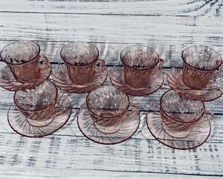 Set of 7 Depression Glass Pink Swirl Tea Coffee Cups with Saucers