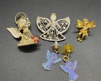 Set of Four Angel Pin Pendants and Earrings