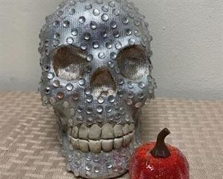 Silver Bedazzled Halloween Skull and Small Pumpkin Figurine