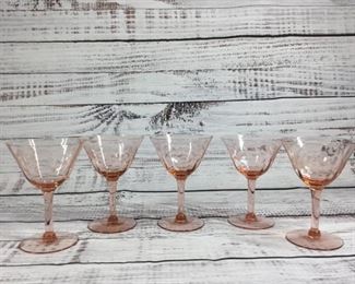 Vintage Blush Pink Set of Five Wine Cocktail Glasses