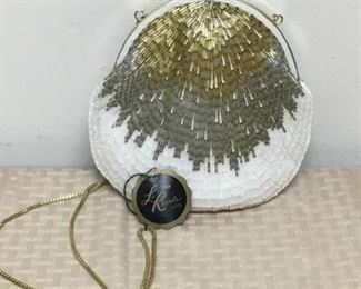 Vintage Gold Silver White Beaded Purse Clutch Evening Bag