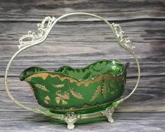 Vintage Green and Gold gilt Serving Bowl with Silvertone Handle
