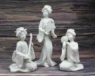 Vintage Set of 3 Fitz and Floyd Porcelain Asian Geisha Musician Figurines