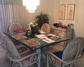 Glass pedastal dining table 6 chairs. Thomasville server in backround