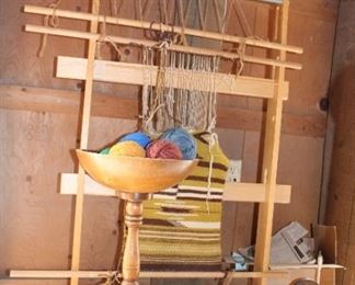 Loom and yard bowl, mini spinning wheel