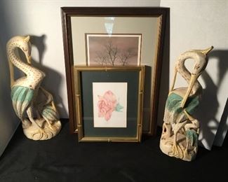 Pair of Wood bird statues,  Framed art 