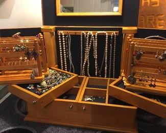 Very nice large jewelry box full of costume jewelry, some vintage 
