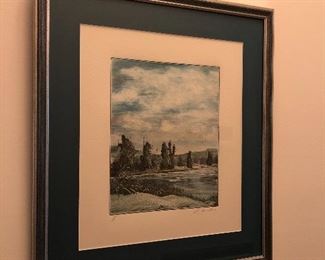 David Curles signed Monotype / Monoprint 1/1 Minnesota Lake. Framed measures 17" x 19" - art itself measures 7.75" x 9.75". Asking $100