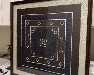 Hmong hand pieced Fabric Art / wall hanging from the 1970s. The Hmong were resettled in Wisconsin as refugees from the Mountains of Laos. Framed it measures 28" square - fabric art is approximately 22.5" square. Asking $75