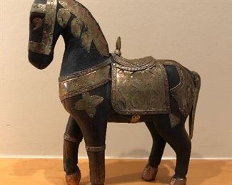 Made in India carved wooden horse with metal decorations. 7.5" long x 8" tall. Asking $30