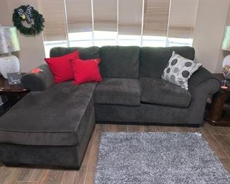 Sectional Grey and 2 Vintage Heavy Wooden end tables and Matching Lamps