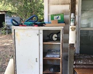 Vintage Rustic Metal Cabinet and Work out Equipment