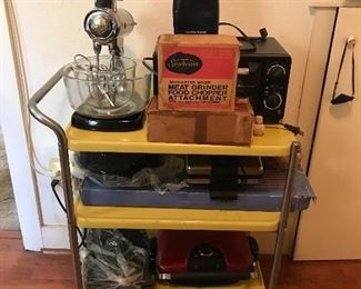 Vintage Sunbeam Mixer with Bowls and extra accessories. Toaster Oven, 3 Tier Metal Kitchen Serving Cart Yellow and Appliances