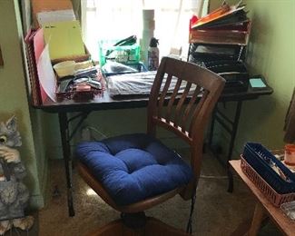 Vintage Wooden Desk Chair on Rollers and Office Items