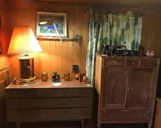Vintage Kroehler Dresser, Vintage Lamp,Candle Holders, Chest of Drawers, Bookends, Camera's and Radio's