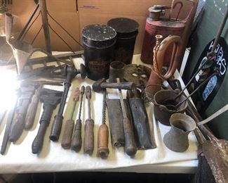 A small sampling of our vintage tools, gas cans, and even a vintage horn.