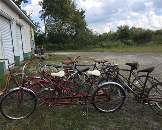 Misc bikes including Tandem bike, unicycles, 10-speeds, and some rusty restoration bikes!!