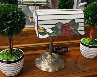 Mini Boxwood Sphere Ball Trees in Planter and Tiffany Style Lamp