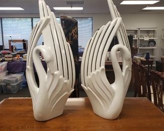 Two White Ceramic Swans