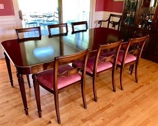 Stunning Mahogany table shown w/ 2 leaves (3 more leaves are included) & 8 chairs including 2 captain chairs