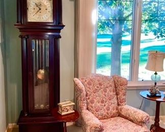 Beautiful J.E. Caldwell & Co. Antique Grandfather clock, 3 leg side table, vintage upholstered chair 