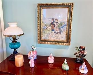 Antique lamp, vintage framed artwork, Royal Doulton lady figurines, Oriental floral decor