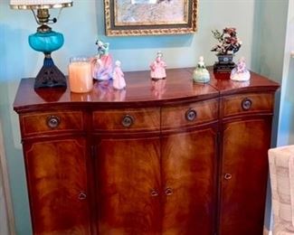 Gorgeous cabinet/buffet, Antique kerosene lamp w/ blue glass middle & milk glass shade, Royal Doulton figurines, etc.
