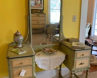 Painted green and cream vanity with mirror 